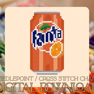 Pode incluir: Um padrão de ponto cruz de uma lata de Fanta laranja. O design é pixelizado, com o logotipo da Fanta em azul e branco. O texto "NEEDLEPOINT / CROSS STITCH CHART" e "DIGITAL DOWNLOAD" também são visíveis.