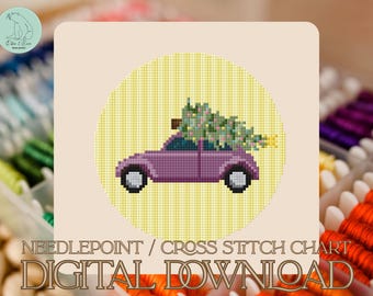 Patrón de punto de cruz/bordado de coche navideño VW Beetle - PDF (Descarga digital)