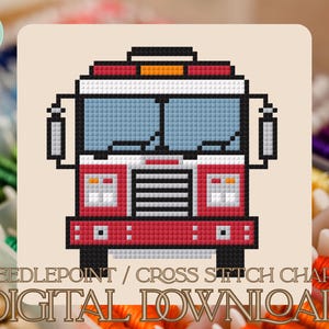 May include: A pixelated cross-stitch chart of a red and white fire engine with blue windows. The image includes the text "NEEDLEPOINT / CROSS STITCH CHART" and "DIGITAL DOWNLOAD". The design is on a beige background.