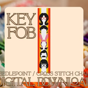 May include: A digital cross-stitch chart for a key fob design. The design features a vertical strip with cartoon character faces. The text "KEY FOB" is at the top, and "NEEDLEPOINT / CROSS STITCH CHART DIGITAL DOWNLOAD" is at the bottom.