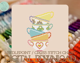 Tazas de té - Patrón de bordado - Descarga digital - Patrón de punto de cruz - SOLO PDF