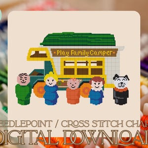 May include: A cross-stitch pattern showing a camper van with the text "Play Family Camper" and five pixelated figures. The design includes the text "Needlepoint / Cross Stitch Chart" and "Digital Download". The camper is green and yellow.