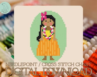 Patrón de punto de cruz/tapiz "Muñeca Hawaiana en Pequeño Mundo" - PDF (Descarga digital)