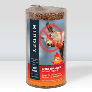 May include: A cylindrical wild bird seed feeder with a clear plastic wrap. The label reads "BIRDZY" and "SPICY NO MESS INSTANT FEEDER". A red circle with a line through a squirrel graphic is on the label. The feeder is ready to hang.