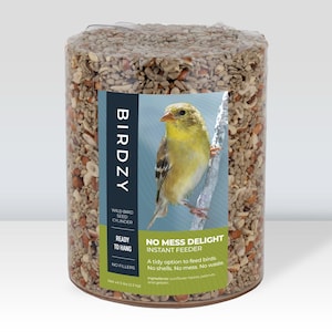 May include: A cylindrical bird feeder filled with birdseed. The label features a yellow bird perched on a branch. Text on the label reads "BIRDZY", "NO MESS DELIGHT", and "READY TO HANG". The feeder contains 5 lbs (2.2 kg) of birdseed.