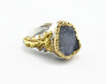 Stunning gold dipped druzy ring hand sculpted grey druzy ring tear drop druzy size 8.5