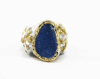 Stunningly lux gold dipped ocean blue druzy hand carved ring size 9 one of a kind princess fairytale statement ring