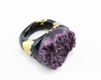 Wine red druzy statement ring size 6.5 gold dipped druzy ring with lashings of real gold