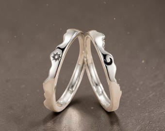 Matching Sun and Moon Couple Rings Adjustable 925 Sterling Silver Promise Rings Relationship Gift