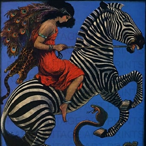 May include: A woman in a red dress rides a zebra with a peacock feather headdress and a leopard on its back. A snake wraps around the zebra's legs. The background is a bright blue.