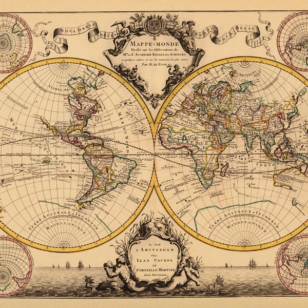 1720 Old World Map Historic Antique Map Guillaume de L'Isle Mappe Monde Vintage Map Printable 16x20 inch 300dpi Jpg Image Digital Download