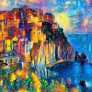 Manarola Cinque Terre Italy Large 16x20 inch Colorful Wall Art Printable Palette Knife Oil Painting Print By Safran Instant Digital Download
