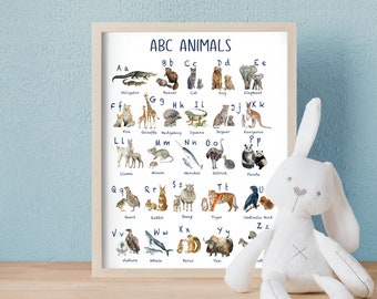 ABC Alphabet Watercolor A-Z Animals Poster, PRINTABLE Art Print, Educational Nature Art Kids Room Decor, Large 16x20 Poster Digital Download