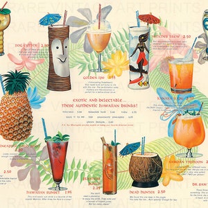 Vintage Hawaiian Cocktails Bar Print Tiki Menu Bar Art Vintage Cocktails Wall Art Large 18x12 inch Printable 300dpi Jpg Digital Download