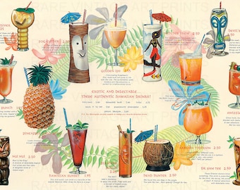 Vintage Hawaiian Cocktails Bar Print Tiki Menu Bar Art Vintage Cocktails Wall Art Large 18x12 inch Printable 300dpi Jpg Digital Download