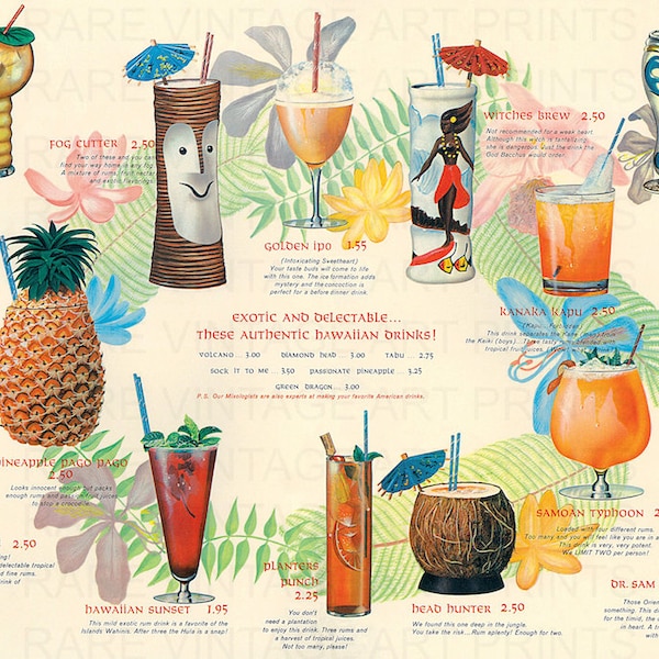 Vintage Hawaiian Cocktails Bar Print Tiki Menu Bar Art Vintage Cocktails Wall Art Large 18x12 inch Printable 300dpi Jpg Digital Download