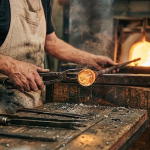 Puede incluir: Una esfera de vidrio fundido incandescente unida a una larga ca&ntilde;a de metal, sostenida por tenazas met&aacute;licas. El vidrio es de color naranja y amarillo brillante, emitiendo volutas de humo. Incluye un horno oscuro y herramientas de metal.