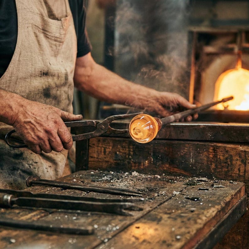 Puede incluir: Una esfera de vidrio fundido incandescente unida a una larga ca&ntilde;a de metal, sostenida por tenazas met&aacute;licas. El vidrio es de color naranja y amarillo brillante, emitiendo volutas de humo. Incluye un horno oscuro y herramientas de metal.