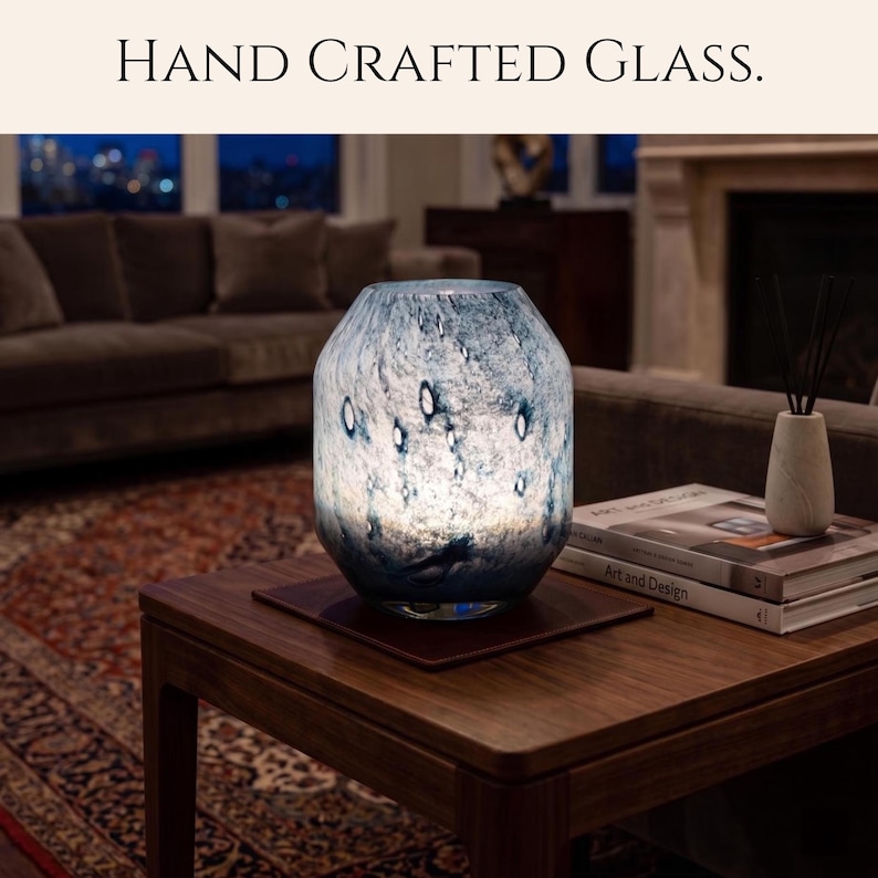 Lámpara de cristal azul, lámpara de jarrón, lámpara de cristal soplado a mano, lámpara de mesa inalámbrica, lámpara verde azulada, lámpara de mesa azul, lámpara inalámbrica, lámpara de mesa de cristal soplado imagen 3