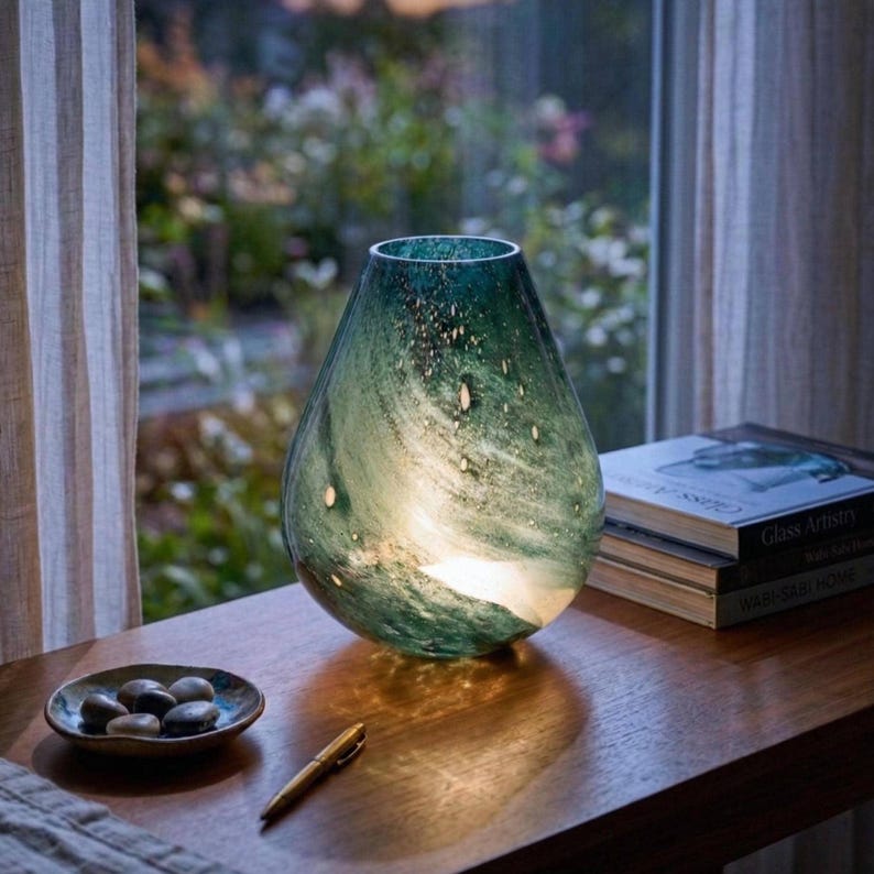 May include: A teal and white glass vase with a teardrop shape. The vase has a speckled design and is lit from within. It sits on a wooden surface near a window, with books and a small dish nearby.