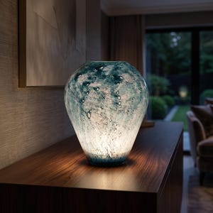 Lámpara de cristal azul, lámpara de jarrón, lámpara de cristal soplado a mano, lámpara de mesa inalámbrica, lámpara verde azulada, lámpara de mesa azul, lámpara inalámbrica, lámpara de mesa de cristal soplado Large