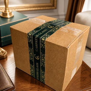 Puede incluir: Una caja de env&iacute;o de cart&oacute;n marr&oacute;n sellada con una cinta adhesiva verde oscuro que presenta un patr&oacute;n floral dorado repetitivo y el texto CARPATHI GLASS impreso en oro. La caja est&aacute; asegurada con cinta de embalaje transparente sobre la cinta.