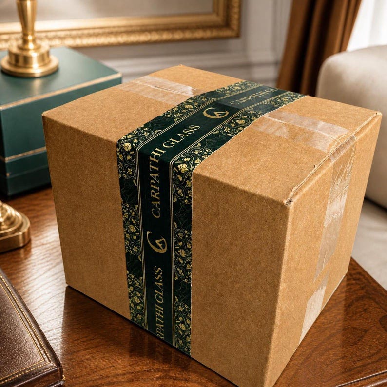 Puede incluir: Una caja de env&iacute;o de cart&oacute;n marr&oacute;n sellada con una cinta adhesiva verde oscuro que presenta un patr&oacute;n floral dorado repetitivo y el texto CARPATHI GLASS impreso en oro. La caja est&aacute; asegurada con cinta de embalaje transparente sobre la cinta.