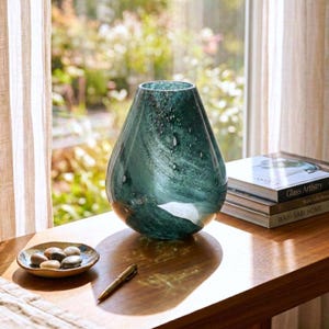 May include: A teardrop-shaped glass vase in a deep teal color with swirling white patterns and small flecks throughout. The vase has a smooth, glossy finish and a wide base that tapers toward a circular opening at the top, reflecting light.