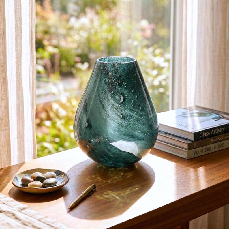 May include: A teardrop-shaped glass vase in a deep teal color with swirling white patterns and small flecks throughout. The vase has a smooth, glossy finish and a wide base that tapers toward a circular opening at the top, reflecting light.