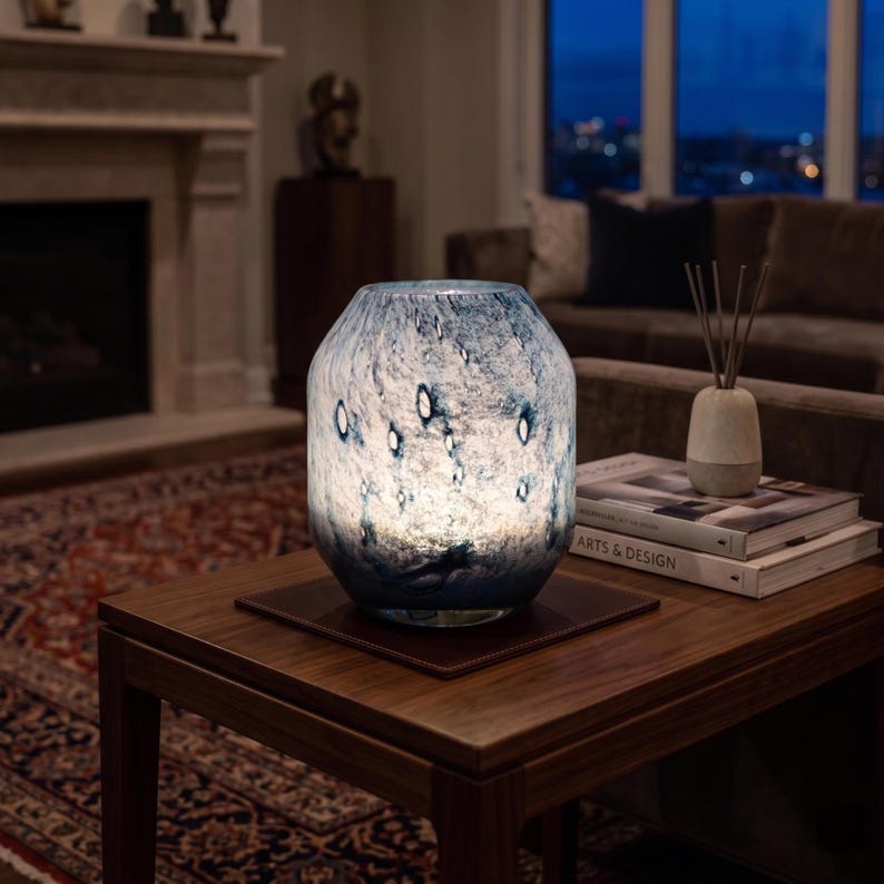 Lámpara de cristal azul, lámpara de jarrón, lámpara de cristal soplado a mano, lámpara de mesa inalámbrica, lámpara verde azulada, lámpara de mesa azul, lámpara inalámbrica, lámpara de mesa de cristal soplado imagen 7