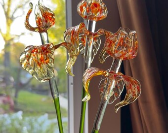 Glass Flowers Bouquet and Vase - Glass Flowers and Vase - Glass Iris - Unique Spring Decor Gift for Her, Mothers Day Gifts