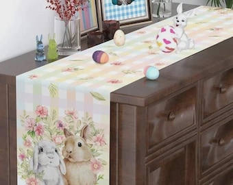 Camino de mesa de conejito de Pascua / Floral / Conejo / Huevos / Decoración de mesa de primavera / 180 x 35 cm Decoración de Pascua / Camino de mesa de comedor / Decoración de Pascua