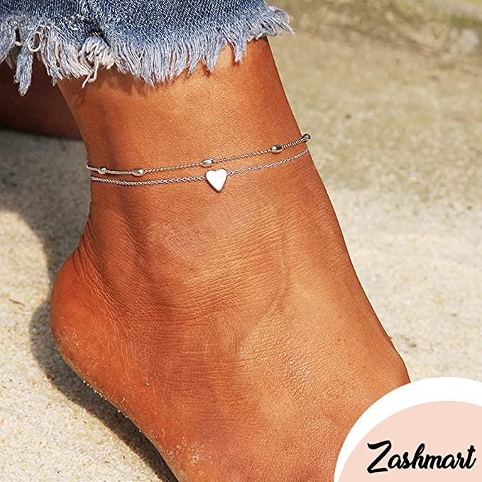 thumbnail image 2 of Silver Plated Double Chain Anklet With Bead Accents – 8+2 Inch Extension, Women's Foot Jewelry A38 2 of 4