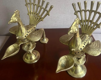 Vintage Brass Peacock Incense Burner & Oil Diya | Indian Altar Decor
