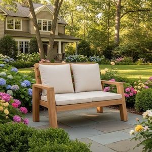 Puede incluir: Un sofá de jardín de madera con dos cojines color crema. El sofá está hecho de madera clara y tiene un diseño simple y moderno. Se coloca en un patio de piedra en un entorno de jardín, rodeado de flores coloridas y vegetación.