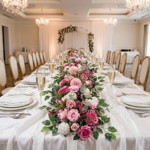 May include: A banquet table set for a celebration, featuring a floral arrangement of pink and white blooms and foliage. Champagne flutes are placed along the table, with gold chairs visible. The room is lit by chandeliers.