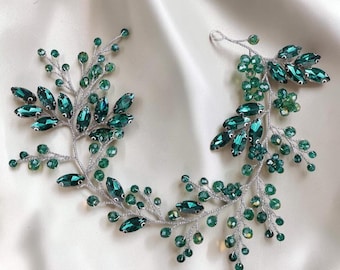 Crystal Bridal Hair Vine – Wedding Accessory, Rhinestone Leaf Headpiece, 15 Colors Available