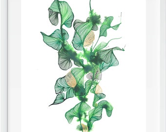 Ameretat - Giclee Print für Interieurs | Grüne Farbtöne, schwarze Tinte und Stift. Wohndekoration, Wandkunst, Musterkunst, florale Inspiration, Naturkunst