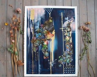 Shrouded Love - Original Abstract Mixed Media Collage Art - Blue, Coral, Green, Gold Leaf