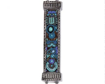 Mezuzah Metal + Embroidery - Turquoise