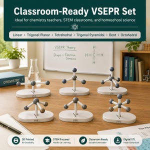 以下が含まれることがあります： PMLとラベル付けされた白い楕円形のベースに乗った6つの分子幾何学モデルのセット。化学教育用に、線形、平面三角形、四面体、三角錐、折れ線形、八面体の形状を、灰色の球体と白いコネクタで表現しています。
