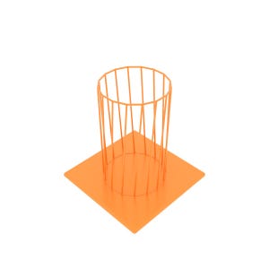 May include: An orange metal decorative object. It features a square base with a cylindrical cage rising from the center. The cage is made of vertical bars connected at the top and bottom, creating an open design. The object is set against a white background.