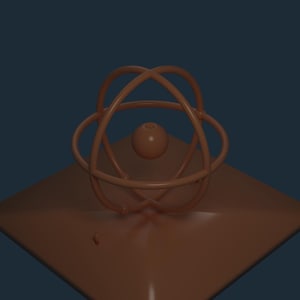 Peut inclure: Représentation 3D d'un modèle atomique de couleur orange chaud. Le modèle présente une sphère centrale entourée d'anneaux orbitaux, posée sur une base carrée. Le fond est bleu foncé.