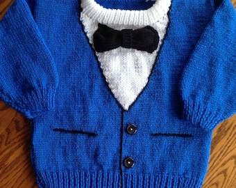 New hand knit Tuxedo sweater size 2-3 in Royal blue