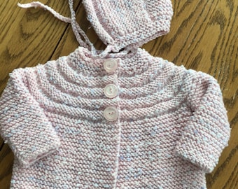 New hand knit pink baby sweater and bonnet set
