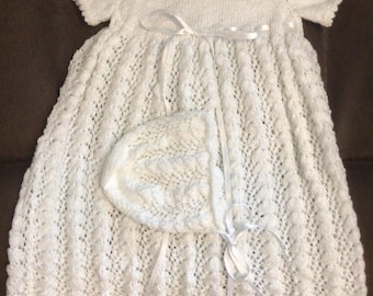 New hand knit christening gown and bonnet