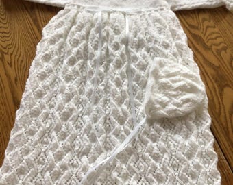 New hand knit christening gown and bonnet