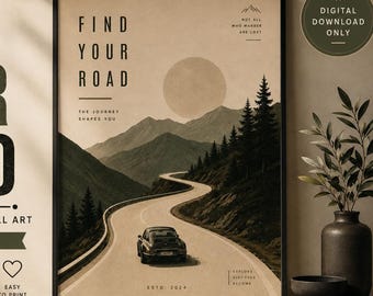 Minimalist Mountain Road Poster | Vintage Car Wall Art | Masculine Office Decor | Japandi Travel Print | Modern Printable Wall Art | Digital