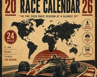 2026 Retro Race Calendar Poster Printable | Motorsport Wall Art | Vintage Racing Schedule | Digital Download