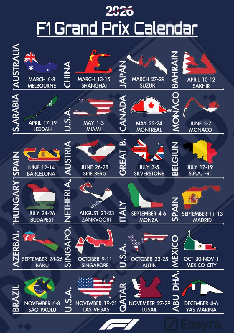 Formula 1 2026 Grand Prix Calendar Poster | F1 Race Schedule Wall Art ...